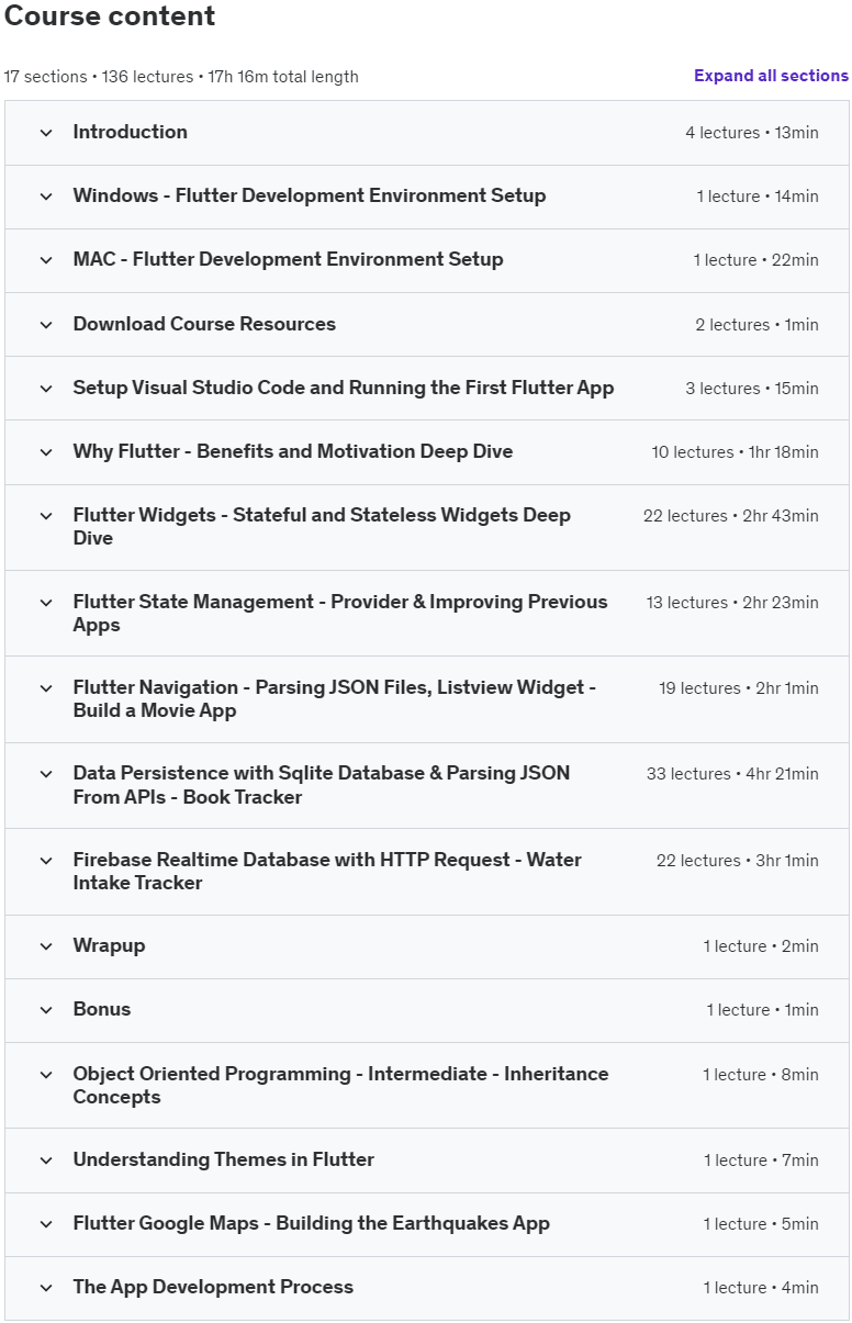 Course topics · Udemy — Flutter & Dart: Complete App Development Course [NEW 2024] 2024-2