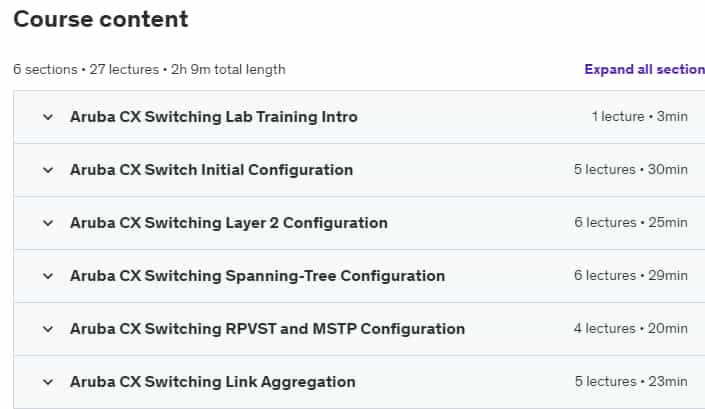 Course topics · Aruba CX Switching Lab Training For ACA ACSA ACSP ACSX 2024-8