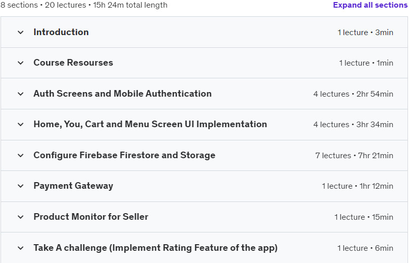 Course topics · Udemy — Flutter E-commerce Bootcamp: Build Amazon Clone 2023-7/2024-4