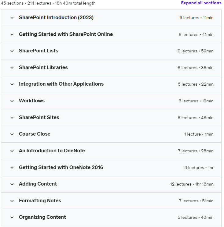 Course topics · Microsoft Productivity Bundle (SharePoint, OneNote, Teams!)