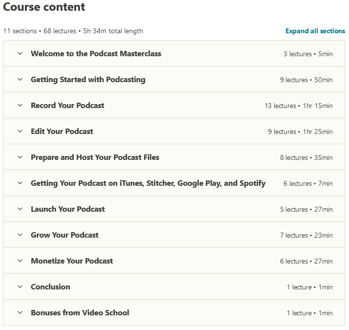 Course topics · Udemy — The Podcast Masterclass: The Complete Guide to Podcasting 2021-1