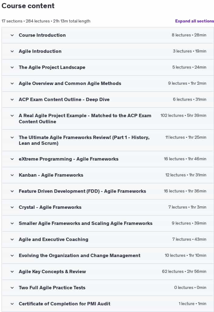 Course topics · Udemy — PMI-ACP Exam Prep Course – 28 PDUs (UPDATED for 2025!) 2025-3