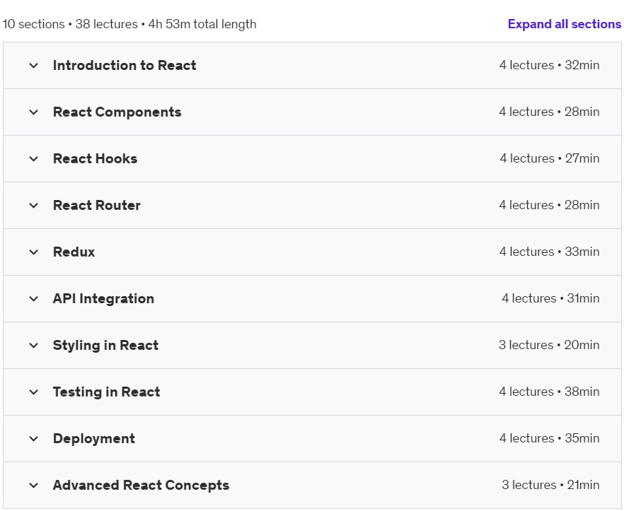 Course topics · Udemy — Learn the fundamentals of frontend development in React JS 2024-8