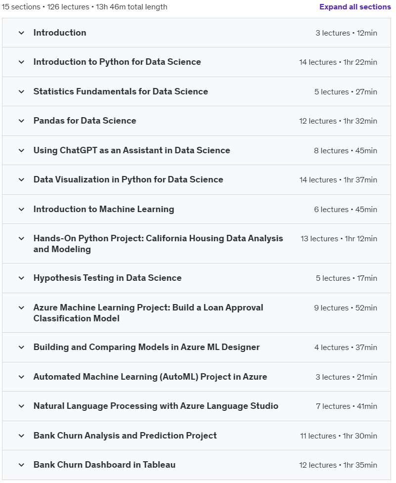 Course topics · Data Science for Beginners – Python, Azure ML and Tableau 2024-11