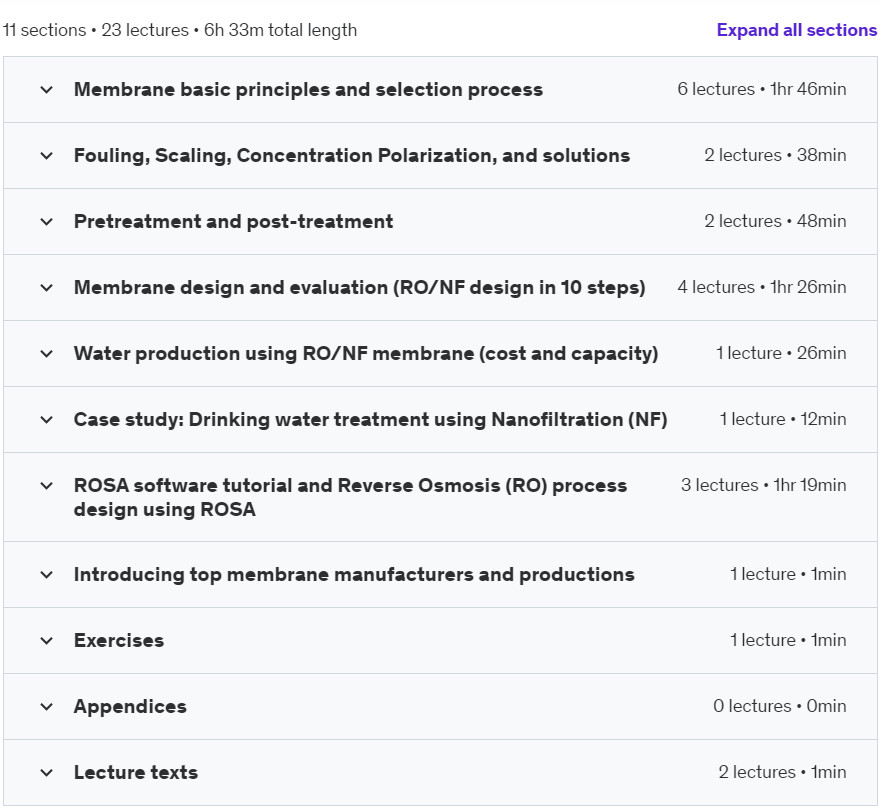 Course topics · Udemy — Membrane Technology for Water and Wastewater Treatment 2023-6