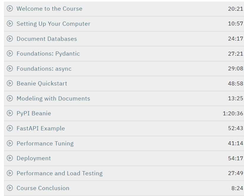 Course topics · Talk Python — MongoDB with Async Python 2024-4