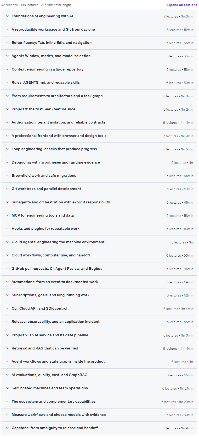 Temas del curso · Cursor AI curso completo: flujos de trabajo de ingeniería y métodos 2026-9