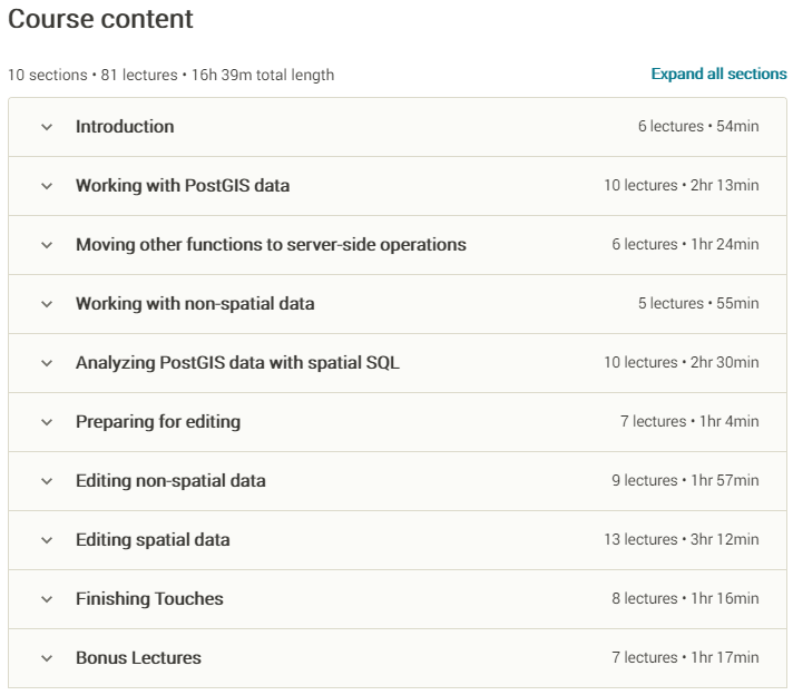 Course topics · Udemy — Server-side web GIS applications with Leaflet and PostGIS 2019-11