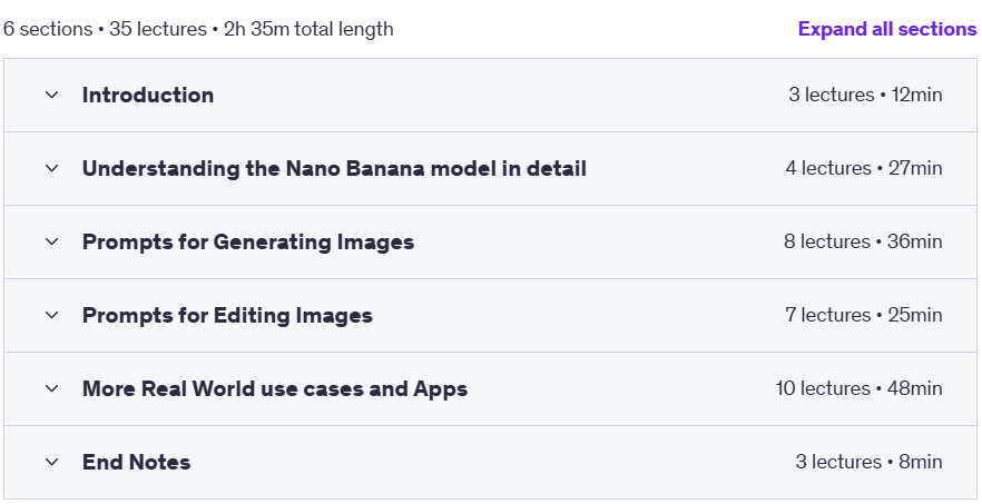 Course topics · Udemy — Master Image Editing in Gemini 2.5 Flash Model (Nano Banana) 2025-6