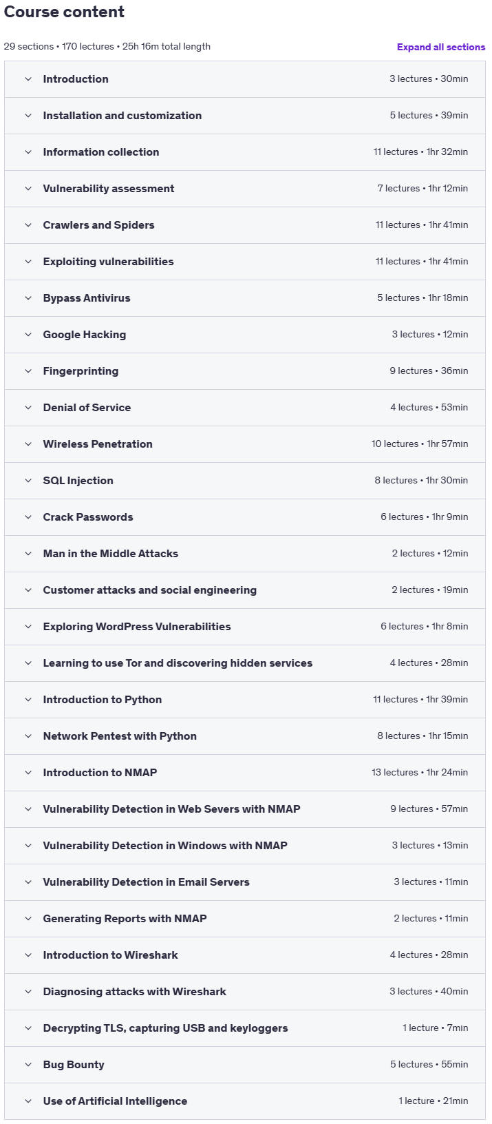 Course topics · Professional Ethical Hacker with Kali Linux v2025 2025-5