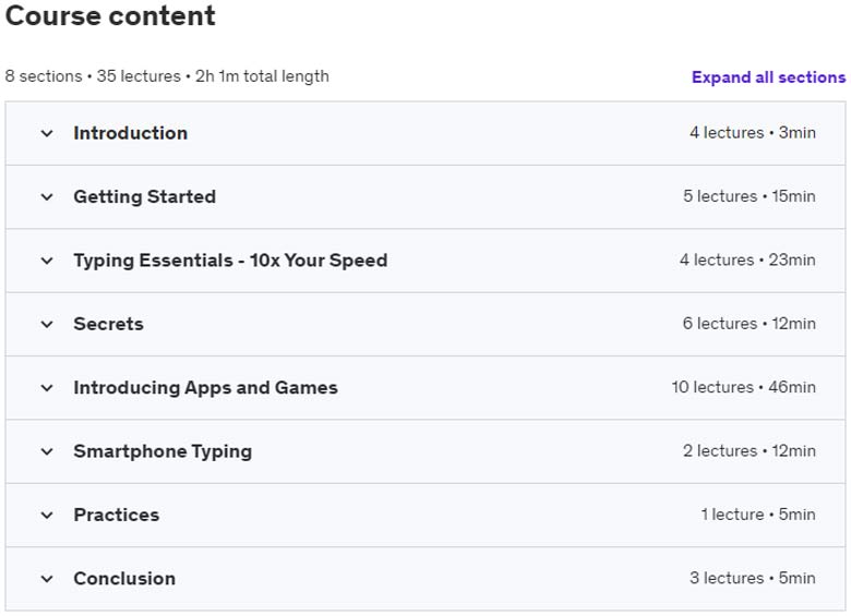 Course topics · Udemy — The Complete Typing Masterclass: Touch Typing Training 2023-9