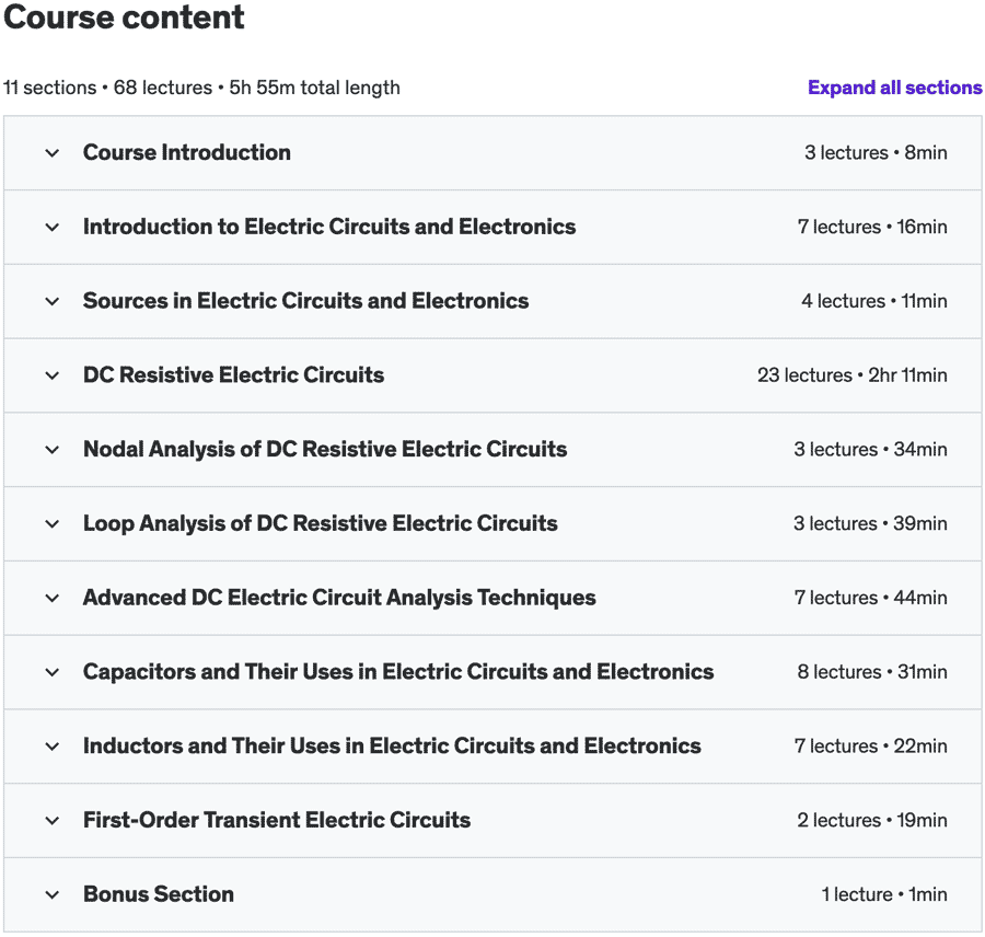 Course topics · Udemy — Electric Circuits for Electrical Engineering and Electronics 2020-10