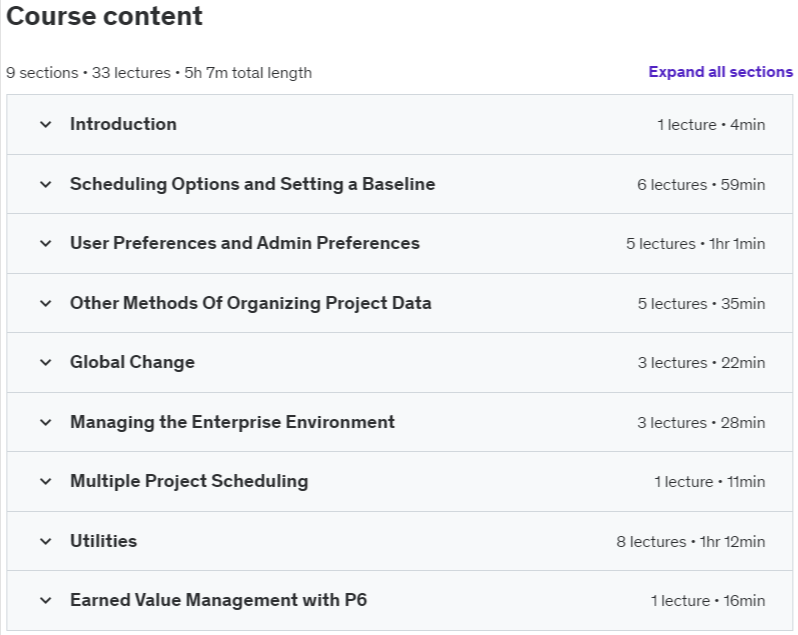 Course topics · Udemy — Primavera P6 PPM Professional Advanced Features 2022-5