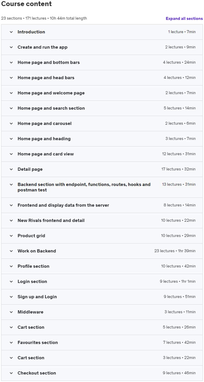 Course topics · React Native E-commerce App 2023-7