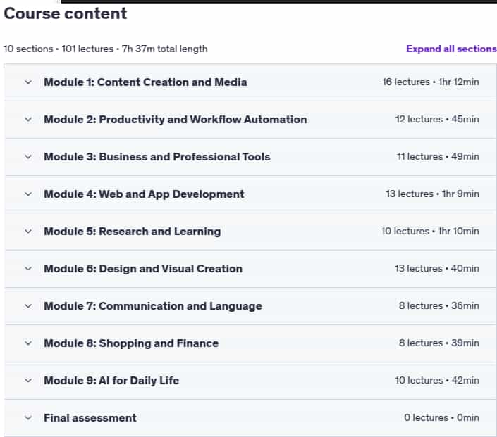 Course topics · 101 AI Tools to Improve Productivity & Save Time 2025-8