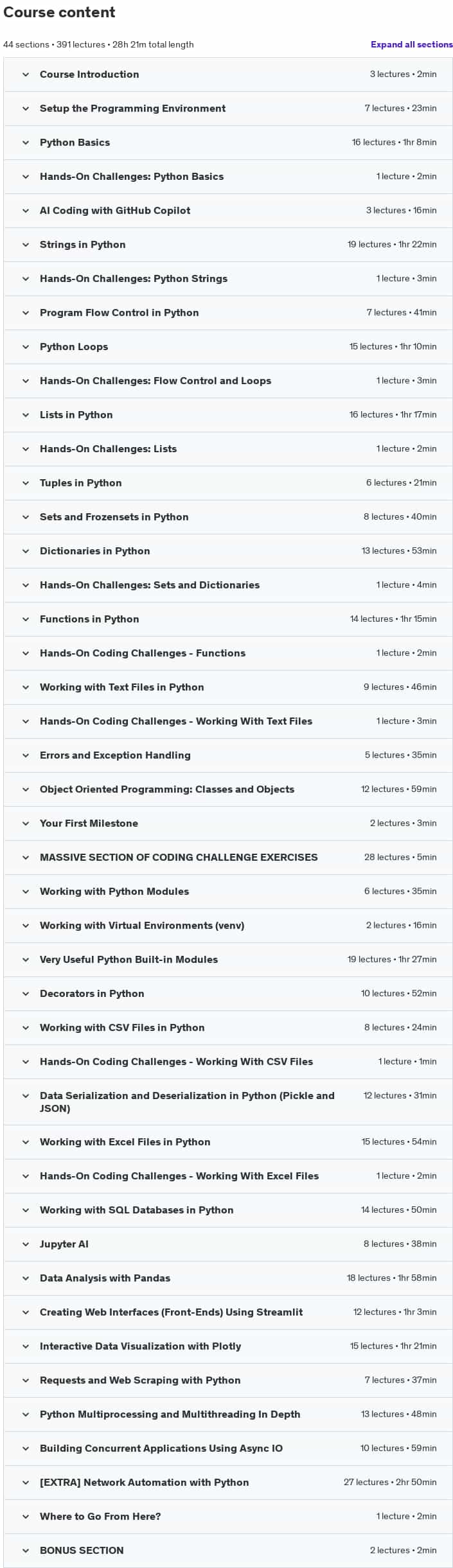Course topics · Complete Python Bootcamp 2024: Zero to Expert in Python 2024-11