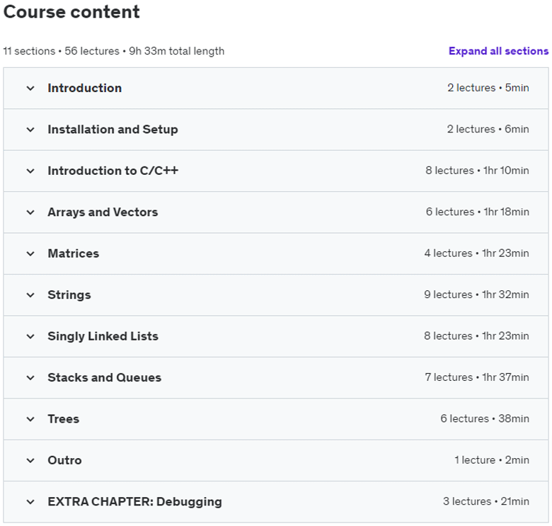 Course topics · C/C++ Programming, Algorithms & Data Structures Masterclass 2023-9