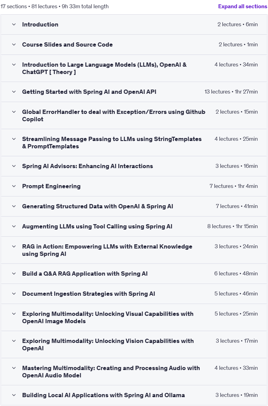 Course topics · Udemy — Build AI Apps with Spring AI, OpenAI, Ollama & SpringBoot 2025-6