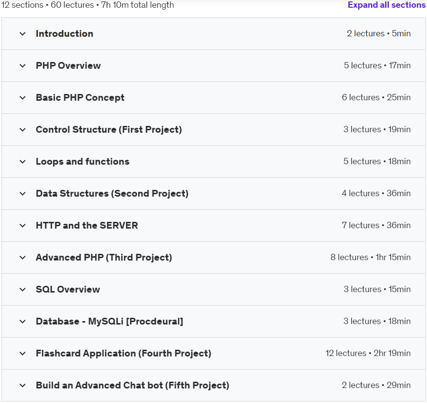 Course topics · Udemy — Complete PHP7 and MYSQL MasterClass Course (10 Projects) 2020-6