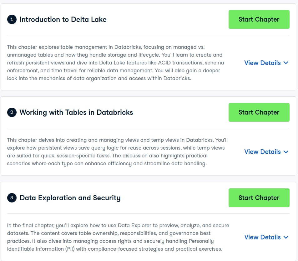 Course topics · Datacamp — Data Management in Databricks 2025-3