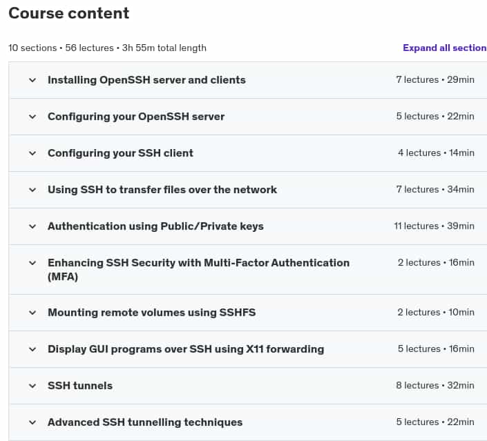 Course topics · Udemy — Secure Shell (SSH) essentials: a hands-on guide 2024-2