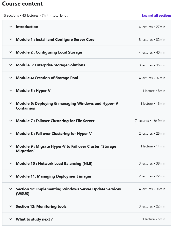 Course topics · Udemy — Course 5: MCSA Windows Server 2019 Enterprise Storage 2019-9