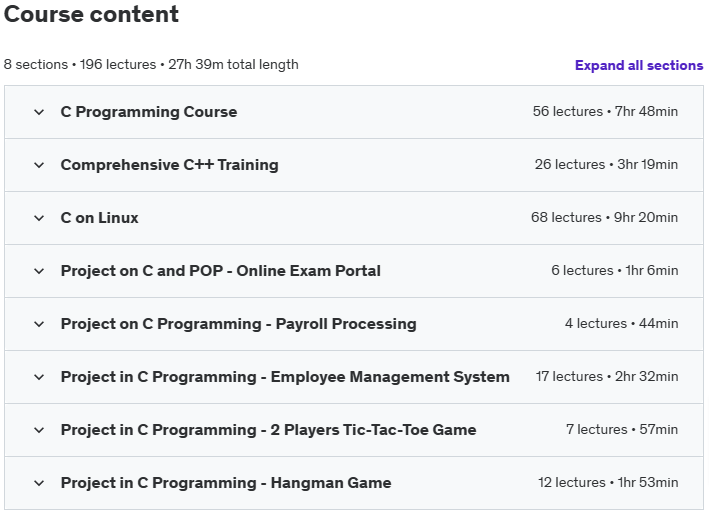 Course topics · Udemy — Comprehensive C Programming Course 2024-7