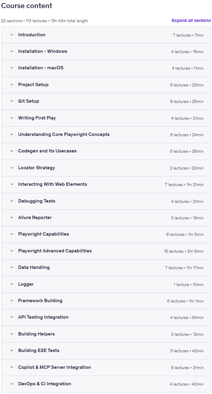 Course topics · Playwright E2E Automation with TypeScript & MCP Server 2025-9