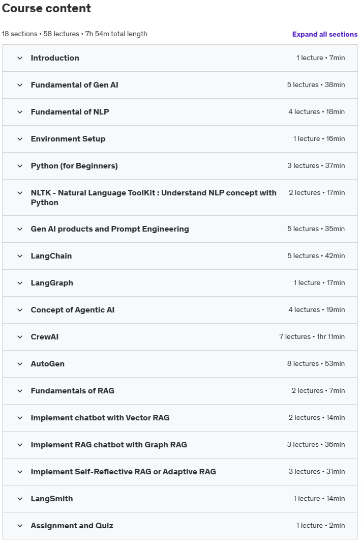 Course topics · Complete Guide Generative AI: LangChain, Agentic AI, RAG 2024-11