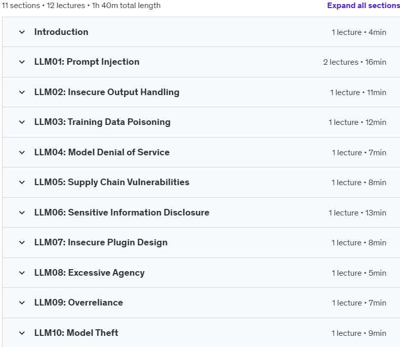 Course topics · Udemy — Mastering the OWASP Top 10 for LLM Applications 2024-6