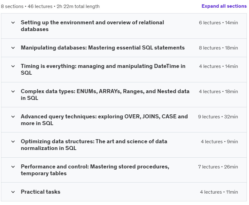 Course topics · Udemy — Advanced SQL for Data Engineering 2023-6