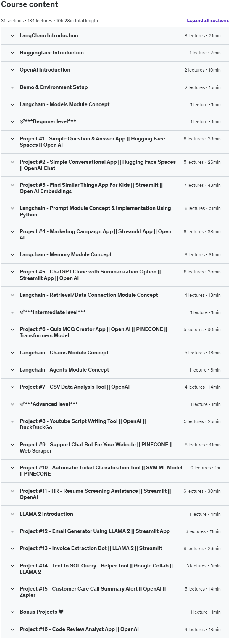 Course topics · Udemy — Master LangChain & Gen AI -BUILD #16 AI Apps HuggingFace 2024-6