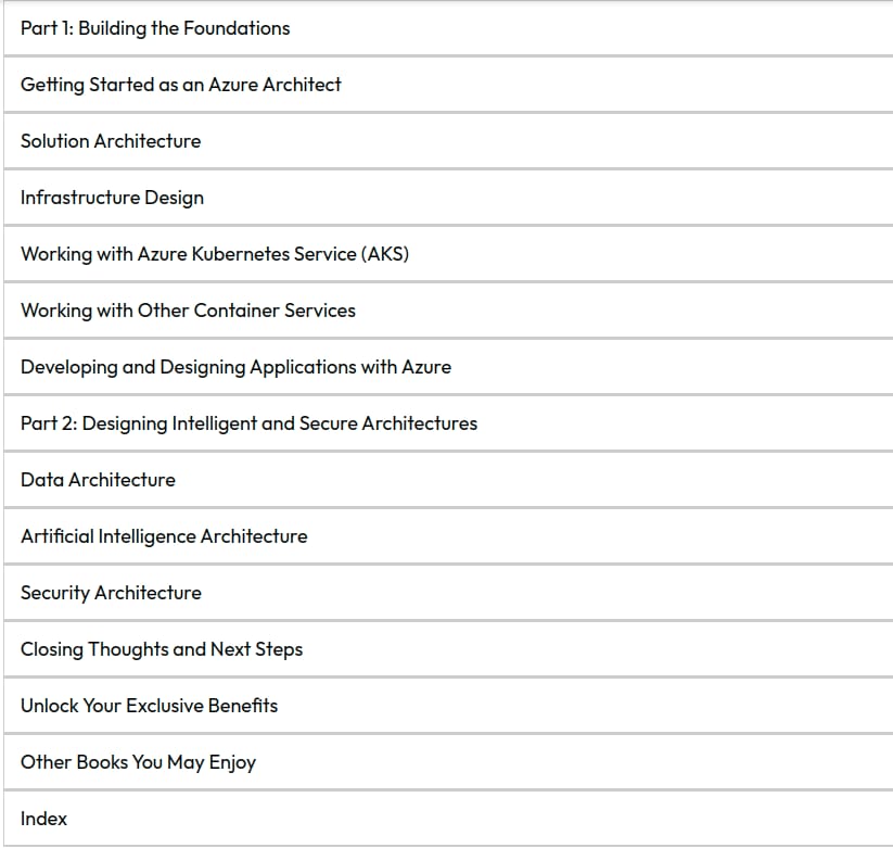 Course topics · Packtpub — The Azure Cloud Native Architecture Mapbook: Design and build Azure architectures for infrastructure, applications, data, AI, and security , Second Edition 2025