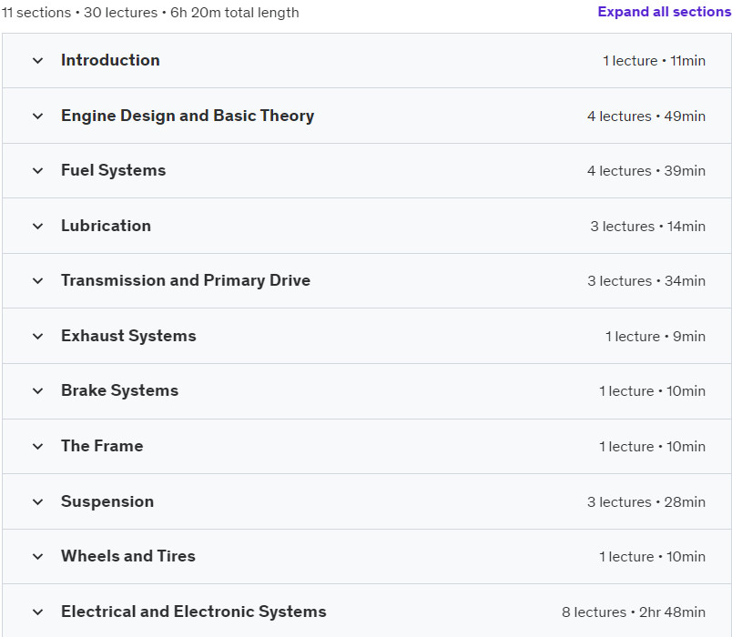 Course topics · Udemy — Motorcycle Engineering Diploma 2023-11