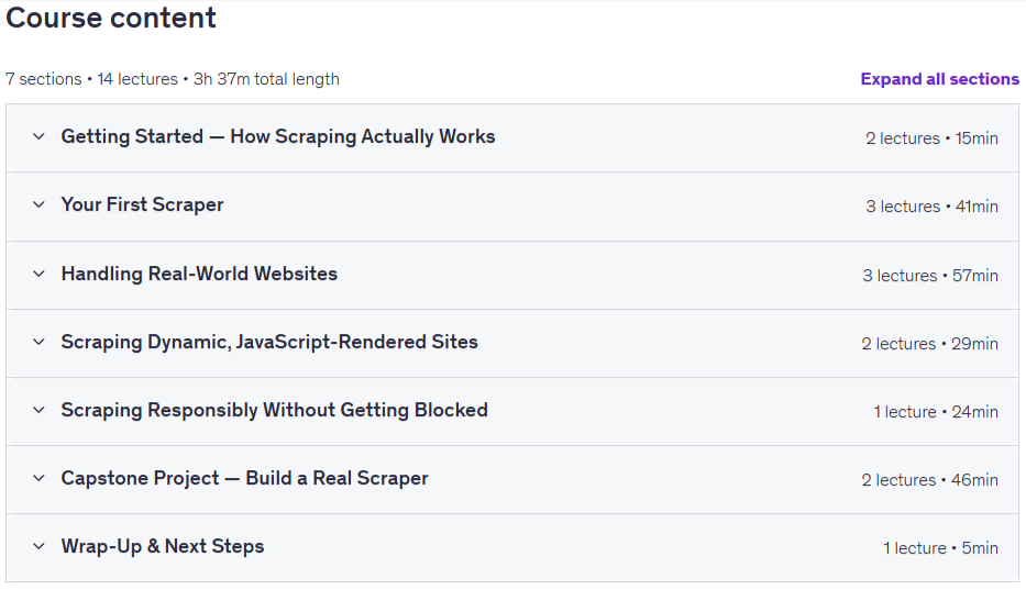 Course topics · Python Web Scraping: Build Real Scrapers Fast & Easy 2026-7