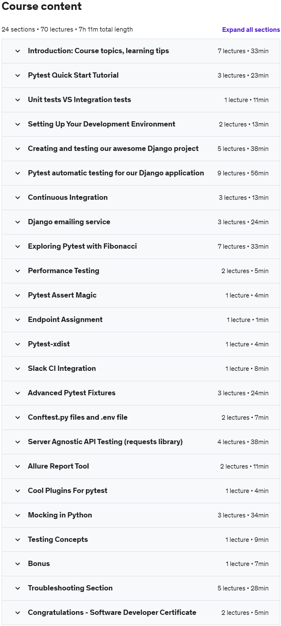 Course topics · Udemy — Real World Python Test Automation with Pytest (Django app) 2022-9