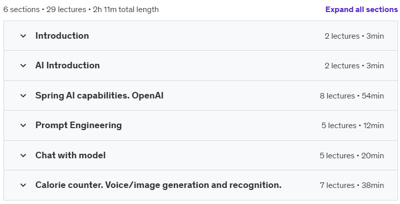 Course topics · Udemy — Spring AI: From AI Fundamentals to Spring AI Insights 2024-10