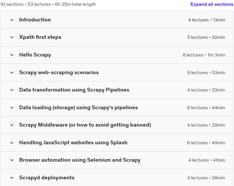 Course topics · Scrapy Unleashed: Master Python Web Scraping & Data Pipeline 2022-1