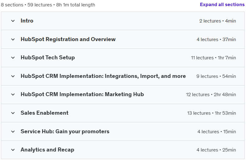 Course topics · Udemy — HubSpot CRM Course: Certified HubSpot Specialist 2024 2024-6