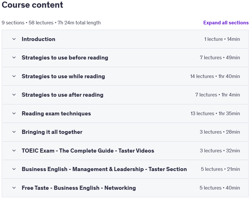 Course topics · Udemy — Advanced English Reading 2024-5