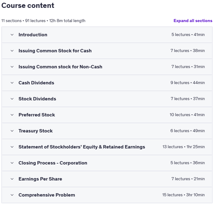 Course topics · Udemy — Accounting for Corporations – Financial Accounting 2023-6