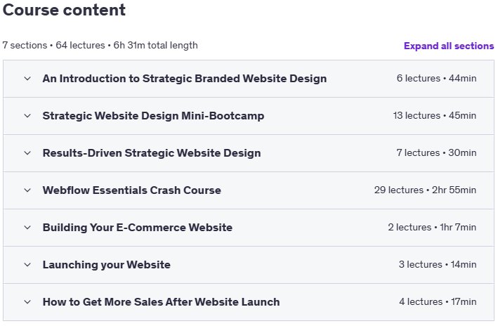 Course topics · Udemy — Building Branded E-Commerce Websites on Webflow 2024-4