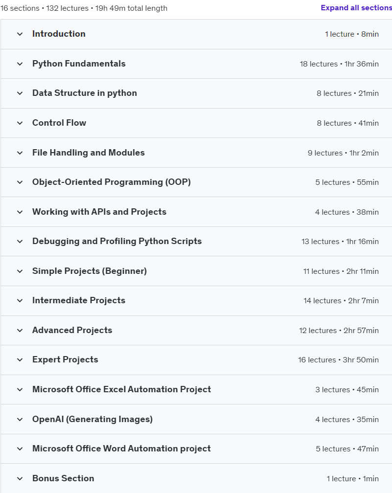 Course topics · Udemy — The Complete Python Bootcamp + 100 Real world Application 2024-1