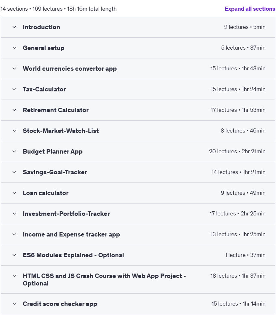 Course topics · 10+ HTML CSS and JS Financial Web Apps – Front-End Web Dev 2024-3