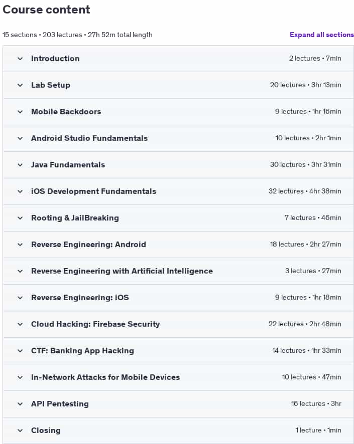 Course topics · Udemy — The Complete Mobile Ethical Hacking Course 2025-1