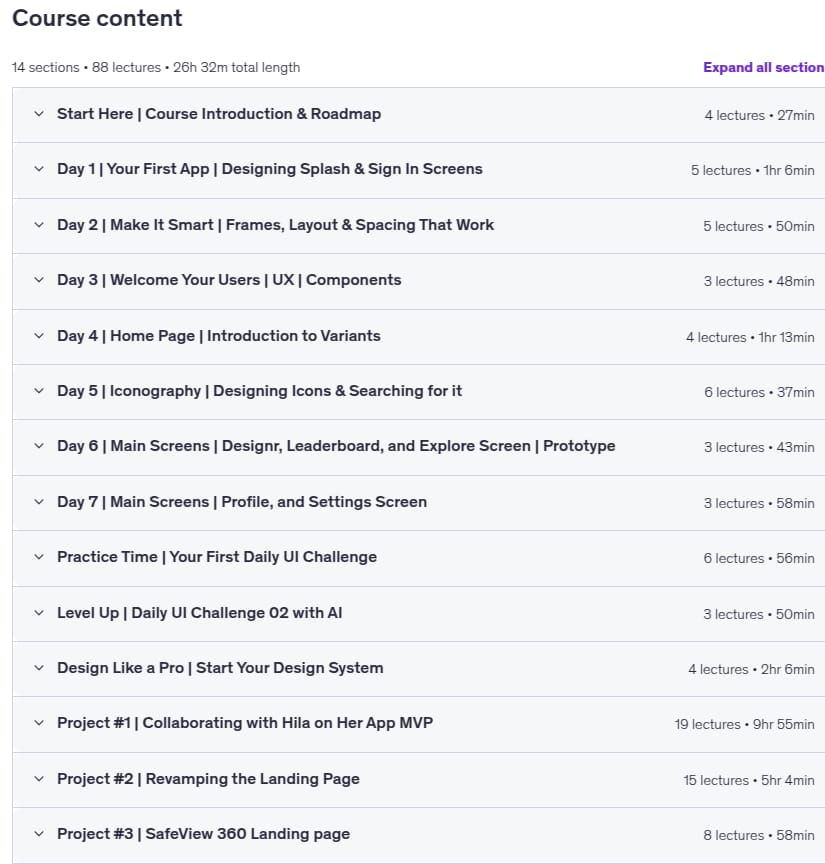 Course topics · Complete UI/UX Design Course 2026: Figma + AI + Real Project 2026-1