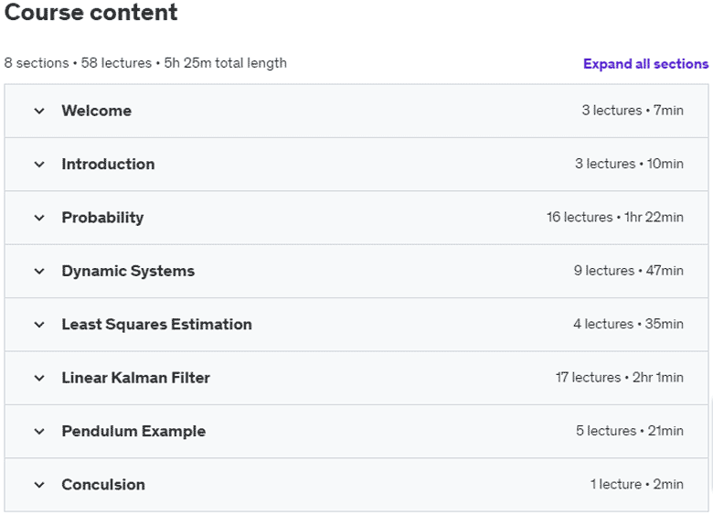 Course topics · Udemy — Data Fusion with Linear Kalman Filter 2021-7