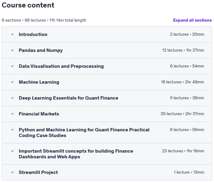 Course topics · Machine Learning for Quant Finance and Algorithmic Trading 2024-12