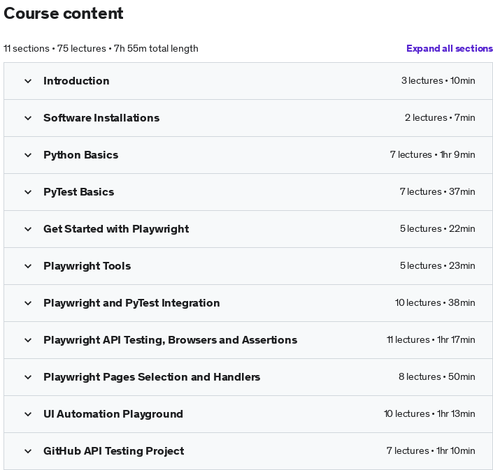 Course topics · The Complete Microsoft Playwright Course with Python 2022-8