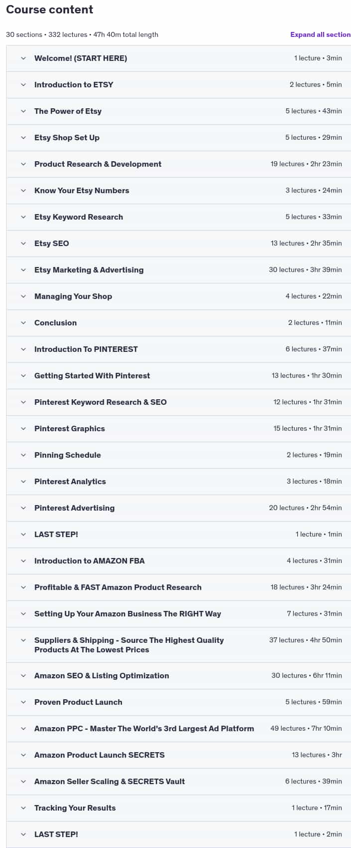 Course topics · Udemy — 3-in-1 E-Commerce Masterclass – Amazon, Etsy & Pinterest 2025-1